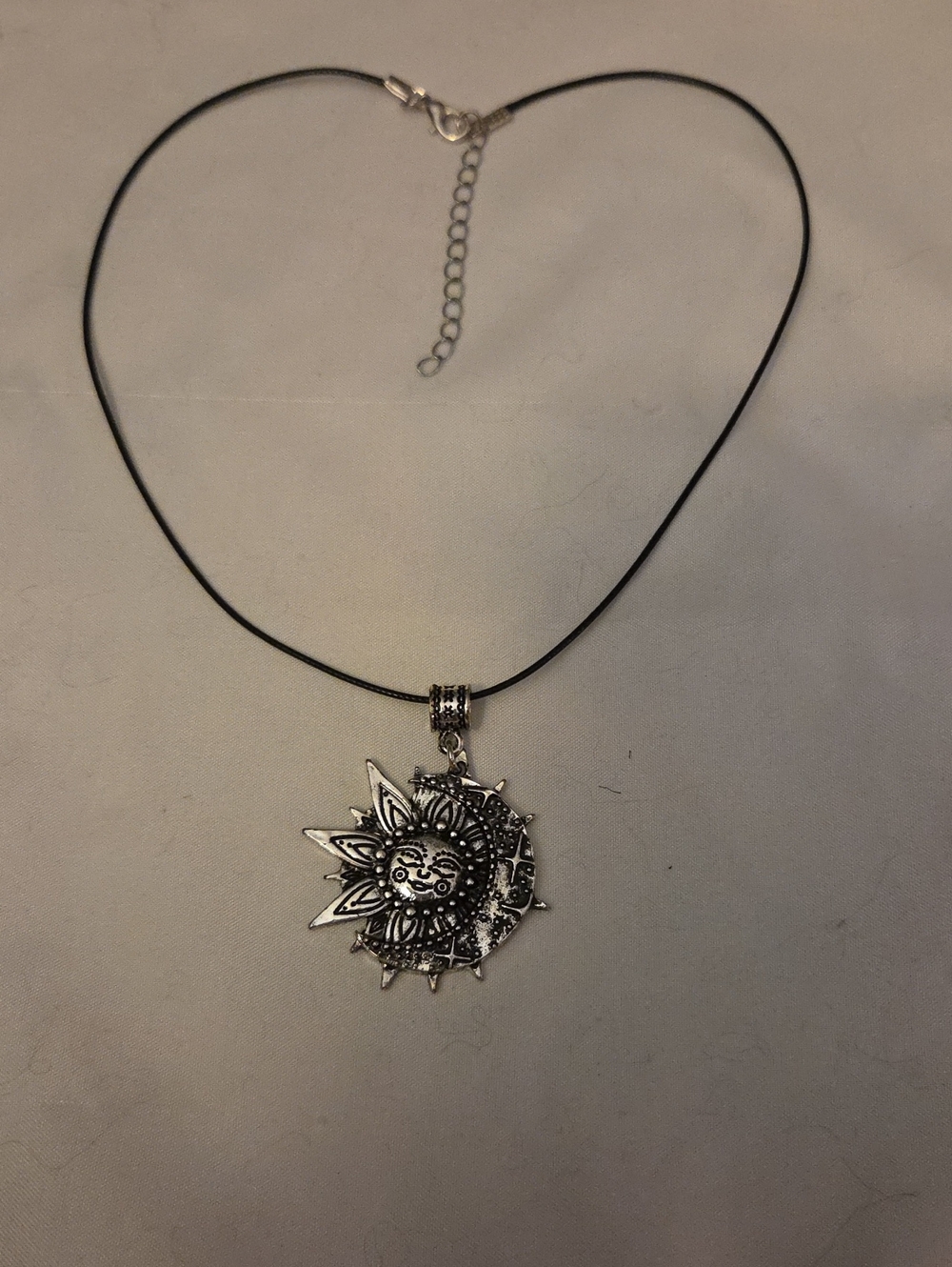 Silver Sun & Moon Pendant Necklace on Black Cord